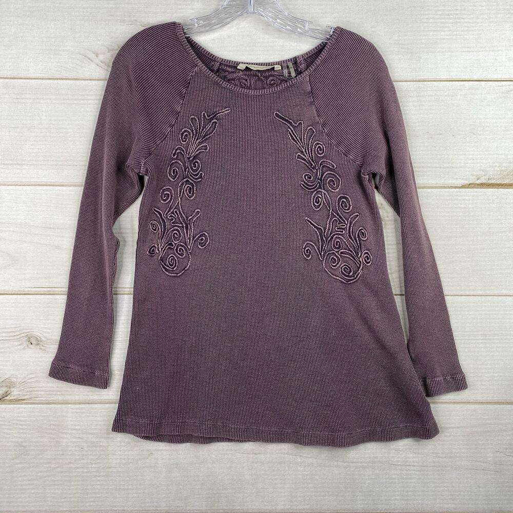 Soft Surroundings Top Womens Petite XS Purple Waffle Knit Thermal Embroidered